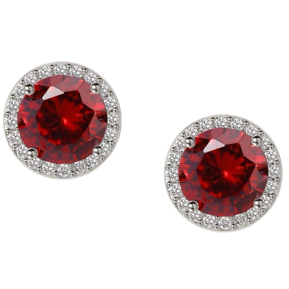 925 Sterling Silver with Ruby Red and White Diamond CZ Round Halo Stud Earrings